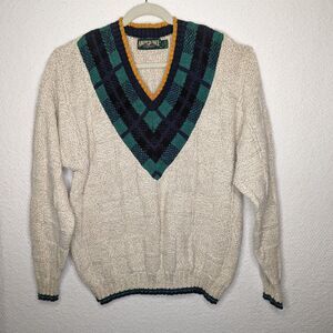 Vintage American Eagle V-Neck Plaid Sweater Mens Size Large Made In USA Cotton